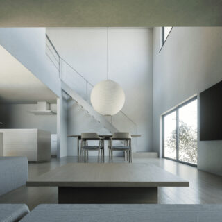 ミニマルなLDKの3Dパース画像。リビングからダイニングを見た様子。ダイニングは吹き抜けになっている。日中。