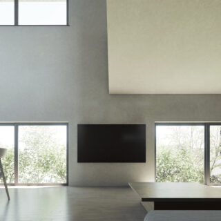 シンプルでミニマルなLDKの3Dパース画像。吹き抜けとテレビがある。昼間のようす。