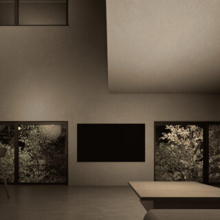 シンプルでミニマルなLDKの3Dパース画像。夜のようす。